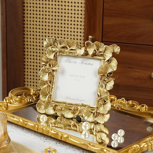 Cuspin 4x4 Picture Frame Small Gold Frames, Vintage Ornate Leaf Textured Hand-Crafted Resin with Glass Front, Antique Photo Frame for Tabletop Display, Retro Design Home Decor