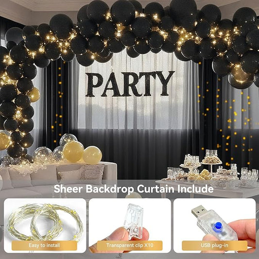 Ledido 10×10ft Tulle Backdrop Curtains with Lights String - 300LED Fairy Lights Sheer Curtain Backdrop for Weddings Baby Shower and Birthday Party Decorations(2 Panels 5×10ft)