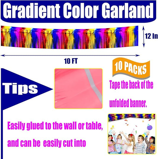 10 Pack 10 Feet Foil Fringe Garland Metallic Tinsel Streamers Banner Wall Hanging Curtain Backdrop for Parade Floats, Bachelorette, Wedding, Birthday, Halloween, Christmas Party Decorations(Rainbow)