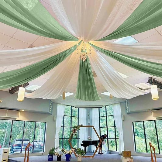 MODFUNS Sage Green Wedding Arch Draping Fabric 5x20ft 4 Panels Sheer Ceiling Curtain Chiffon Swag Curtain Romantic Tulle Arbor Draping for Party Banquet Hall Decoration