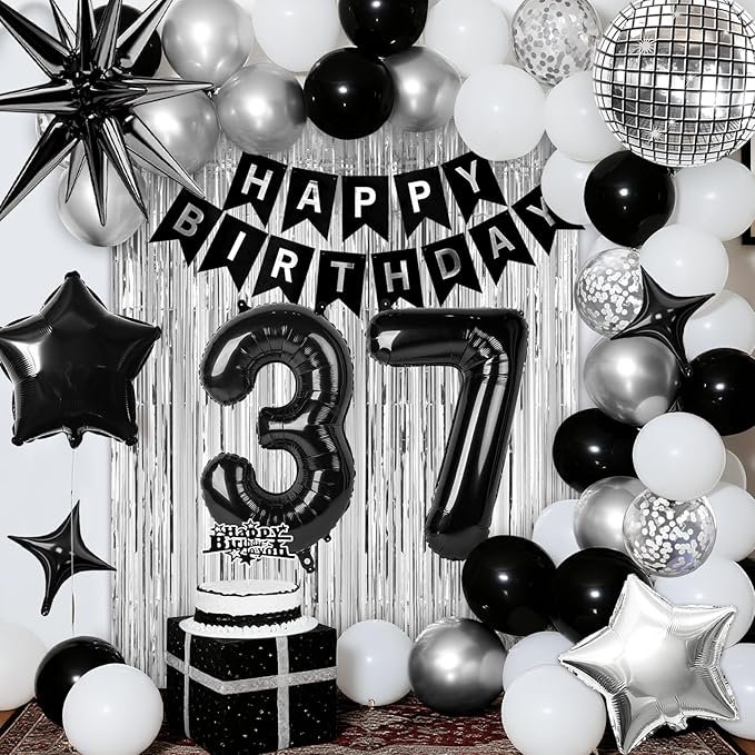 37th Birthday Decorations for Men Women, Black Silver Happy Birthday Party Decorations, 37 Year Old Party Supplies with Number 37 Balloons, Banner, Fringe Curtains Kit