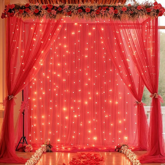 20×10ft Red Tulle Backdrop Curtain with Lights for Parties, Sheer Photo Backdrop Curtains for Wedding Party Photography Background
