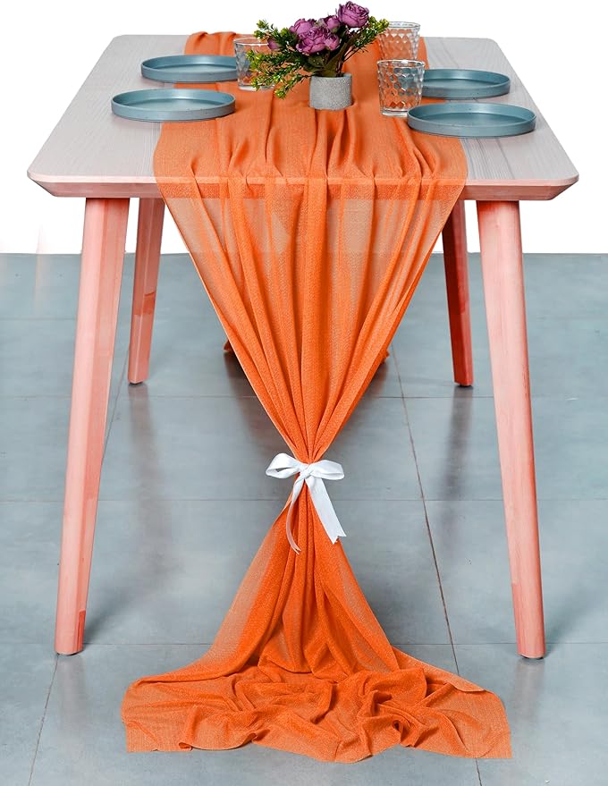 MDS 5 Pack 10ft Chiffon Table Runner 29 x 120 Inches Sheer Wedding Runner Romantic Rustic Table Runner for Wedding Decorations, Birthday Parties, Bridal Shower Party Arch Decor - Orange
