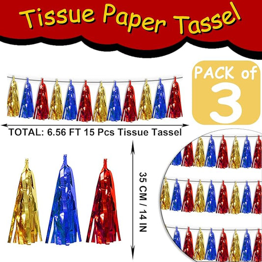 3P Gold Blue Red Foil Fringe Tassel Banner Metallic Tinsel Streamer Garland Wall Curtain Backdrop for Parade Floats, Graduation, Halloween, Christmas, Baby Bridal Shower Party Decorations