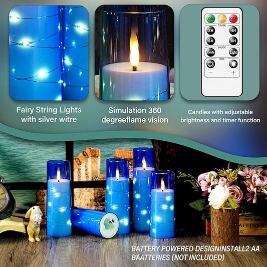 Flameless LED Candles with Timer 9 Pc Flickering Flameless Candles for Romantic Ambiance and Home Decoration Stable Acrylic Shell,with Embedded Star String,Battery Operated Candles(Blue)