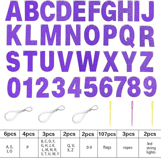 TaoBary 112 Pcs DIY Letter Kit Glitter Customizable Banner Letters Include 107 Letters and Numbers 3 Rope and 2 Needles for Birthday Halloween Christmas Wedding Valentine Party Decor(Purple)