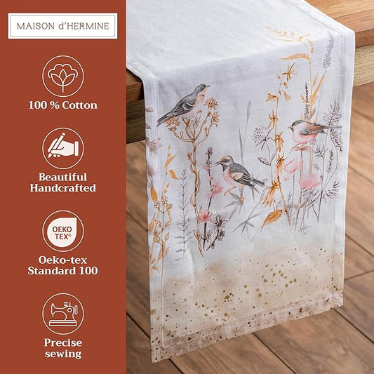 Maison d' Hermine Table Runner 100% Cotton Single Layer Table Runners 108 inches Long Decorative for Home Dining Party Wedding Bridal Shower Spring Summer (Meadow Florals - Beige, 14.50" x 108")