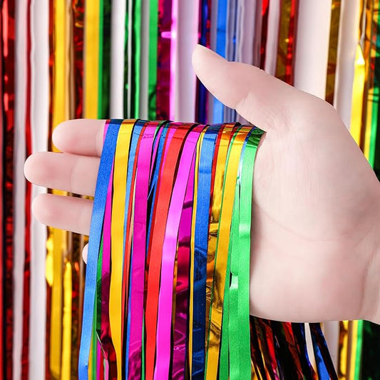 4 Pack 3.3x8.2 Feet Rainbow Foil Fringe Backdrop Curtains, Tinsel Streamers Birthday Party Decorations, Fringe Backdrop for Graduation, Baby Shower, Gender Reveal, Disco Party