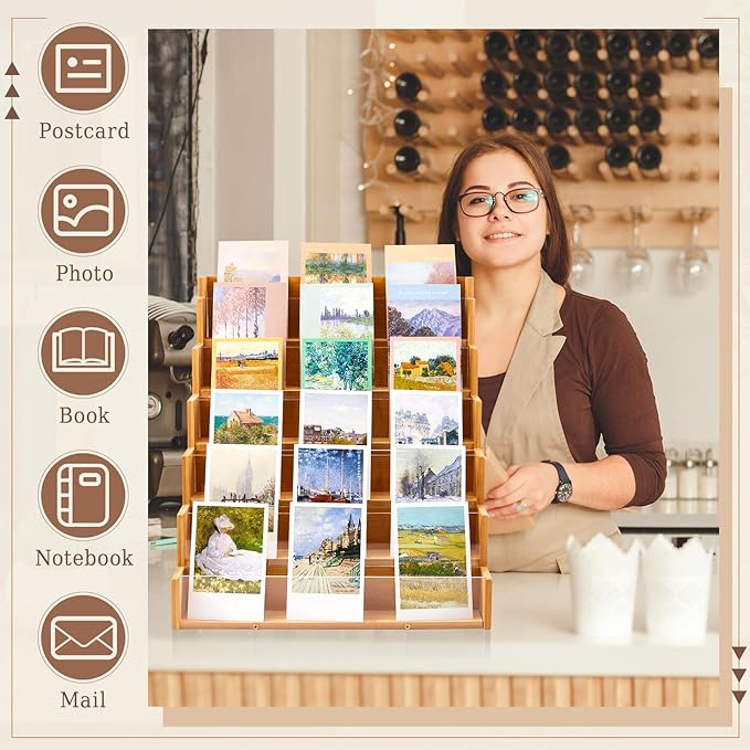 6 Tier Greeting Card Display Stand Wood Color Bamboo and Acrylic Sticker Display Stand Trading Card Holder Retail Photos Shelf for Vendors Craft Collection & Show
