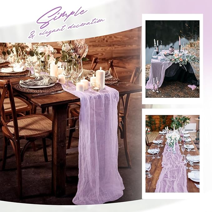 Aktor 4 Pack Lavender Table Runner Boho Cheesecloth Table Runner Semi Sheer Gauze Fabric Runners for Wedding Birthday Baby Shower Party Boho Table Decoration(Lavender)
