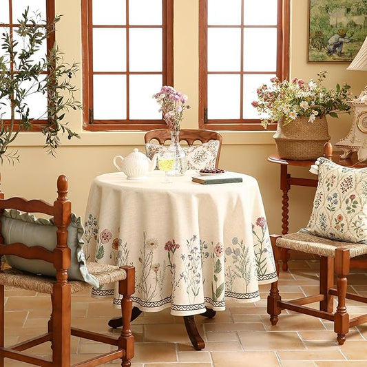 ISAENNE Designer Off White Linen Small Round Tablecloth,Floral Elegant Table Cloth,Stain Resistant Vintage Decor Tablecloths for Dining Thanksgiving Kitchen Christmas,Diameter 55"-Serenity G