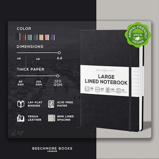 BEECHMORE BOOKS Lined Journal Notebook, 8.5 x 11.5 inch, A4 160 Lined Pages, Hardcover Leather Journals for Women, Men, Writing and Notebooks for Work - 120 GSM Thick Paper, Gifts Box Included