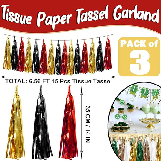 3P Black-Red Gold Foil Fringe Metallic Tassel Garland, Tassels Banner Streamers for Parade Floats, Bachelorette, Wedding, Birthday, Halloween, Christmas, Bridal/Baby Shower Party Decorations
