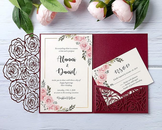 20 Pcs Laser Cut Wedding Invitations Card Pocket with Envelope for Birthday Party Baby or Bride Shower Invite suitable for 5 * 7 Inches Insert Paper (Burgundy)