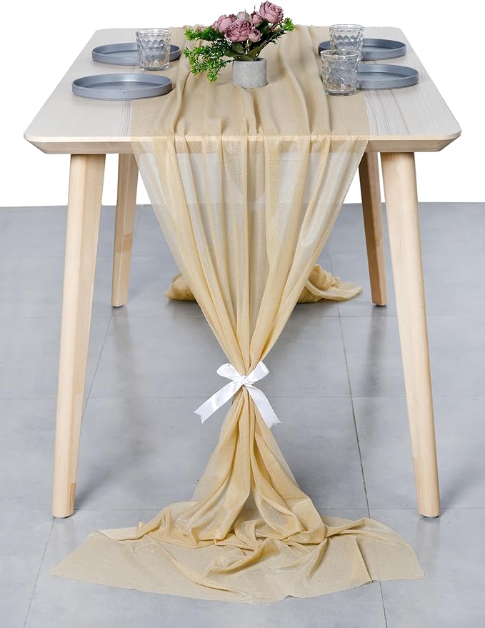 MDS Halloween Chiffon Table Runner - 25 Pack, 29 x 170 Inches, 14ft Each - Sheer Spooky Table Runners for Haunted House Parties, Trick-or-Treat Tables, Witchy Décor, Wedding & Events - Champagne Gold