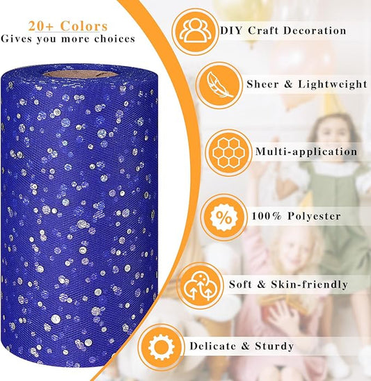 Glitter Tulle Rolls, 6” by 50 Yards (150FT) Sequin Tule Netting Fabric Tulle for Tutu Skirts Sewing Birthday Wedding Party Decoration (Royal Blue)