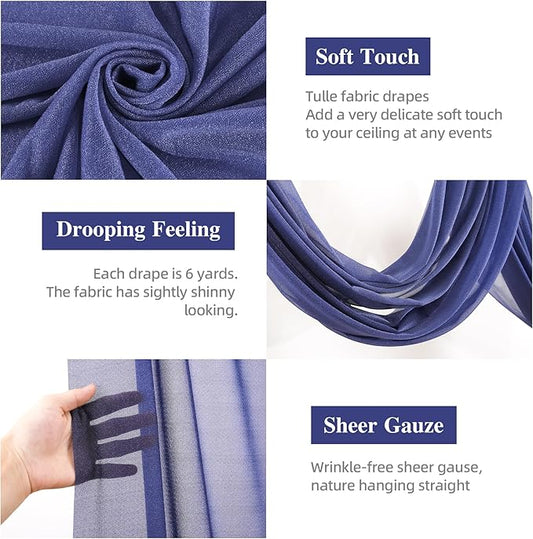 PARTISKY Wedding Arch Draping Fabric, 2 Panels 6 Yards Navy Blue Sheer Backdrop Curtain Window Scarf Valance for Table Event Party Home Decorations(2 Panels), Navy Blue