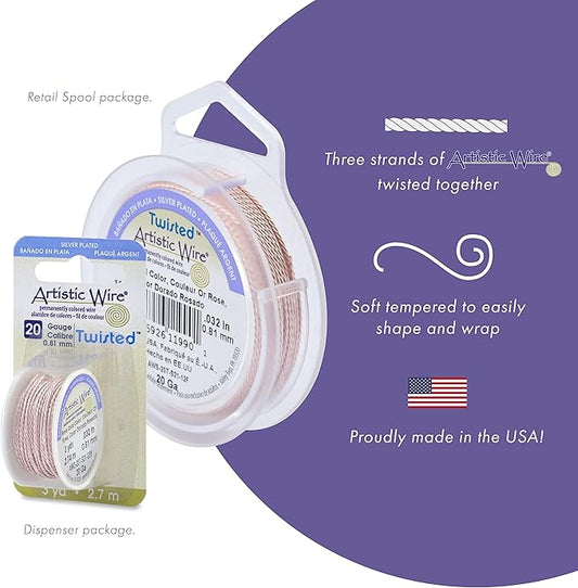 Artistic Wire, 20 Gauge / .81 mm Silver Plated Tarnish Resistant Colored Copper Craft Wire, Round Twist, Silver Plated Rose Gold Color, 3 yd / 2.7 m