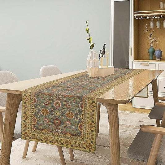Boho Floral Vintage Beige Blue Table Runner, Retro Flower Rustic Country Farmhouse Abstract Pattern for Home Kitchen Table Decor Dining Coffee Room Party Decor 13x120in