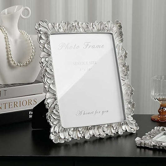 Cuspin 8x10 Picture Frame Silver, Vintage Silver Palm Leaves Textured Hand-Crafted Resin with Glass Front, Elegant Retro Design Photo Frame for Wall and Tabletop Display Home Decor