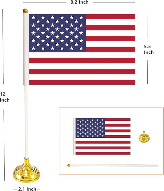 100 Pack USA US Desk Flags,Small Mini American Deluxe Table Flags Set with Stand Base,8.2 x 5.5 inches Miniature Desktop Flag
