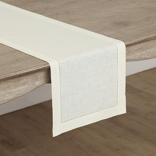 Solino Home Linen Ivory Table Runner 48 Inches - Classic Hemstitch, 100% Pure Linen Coffee Table Runner 14 x 48 Inch Ideal for Dresser Tables - Fall, Halloween, Thanksgiving, Christmas, Holiday