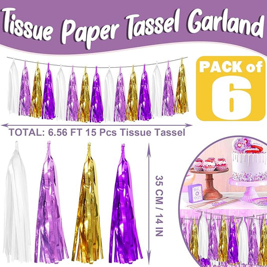 6P Purple-Gold Party Decoration Tassel Garland, Tassels Banner Streamers for Parade Floats, Bachelorette, Wedding, Birthday, Graduation, Christmas, Bridal/Baby Shower Party Decorations