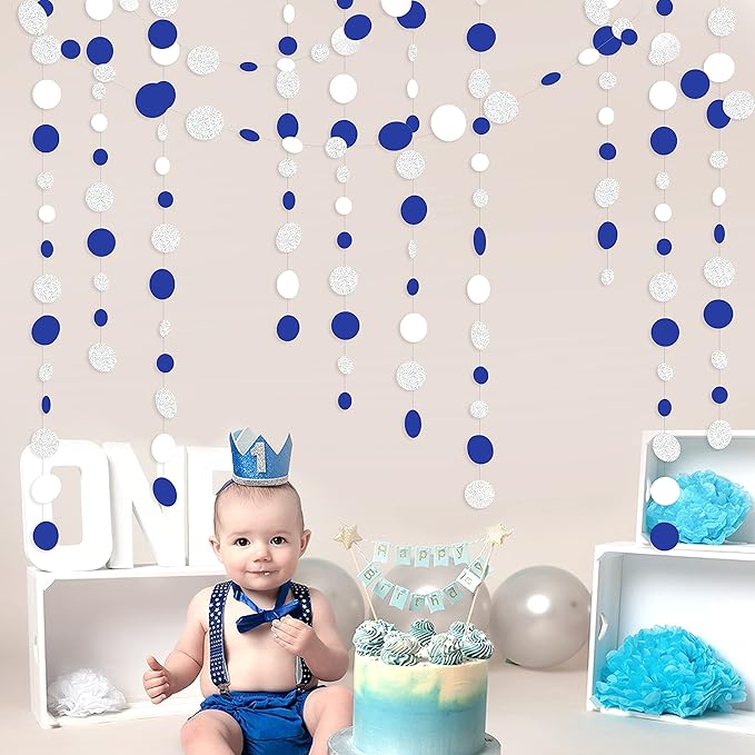 46 Feet Navy Blue White and Silver Circle Dots Garland Royal Blue Hanging Paper Polka Dots Streamer for Birthday Wedding Bridal Baby Shower Nautical Ahoy Achor Pirate Theme Party Decorations Supplies