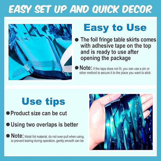 3 Pack Lake Blue Foil Fringe Table Skirts Metallic Tinsel Streamers Garland Banner Backdrop for Table Decor, Parade Float, Birthday, Wedding, Halloween, Christmas Party Decorations(29x108 In)