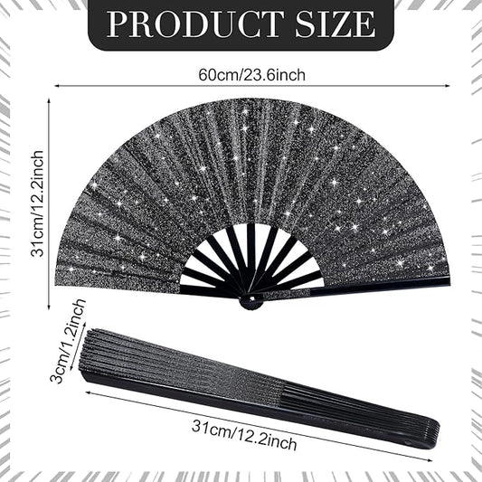 Thyle 6 Pcs Large Folding Fan for Line Dancing Bulk Boots on The Ground Hand Fan Black Popping Clapping Party Favors Decoration Gift for Edm Festival Club Summer(Classical)