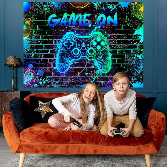 Mocsicka Game On Backdrop Video Game for Boys Level Up Birthday Party Decoration Game Night Arcade Neon Glow Gamer Banner Photography Background (Blue, 10x8ft(120"x96"))