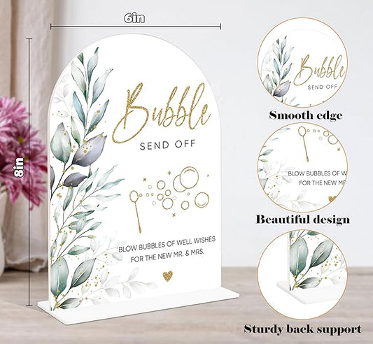 Acrylic Wedding Signs, Greenery Theme Bubbles Send Off Sign, Wedding Reception Signage, Bridal Shower Table Decor with Stand, Engagement, Anniversary, Newlywed Events and Parties Supplies, 14