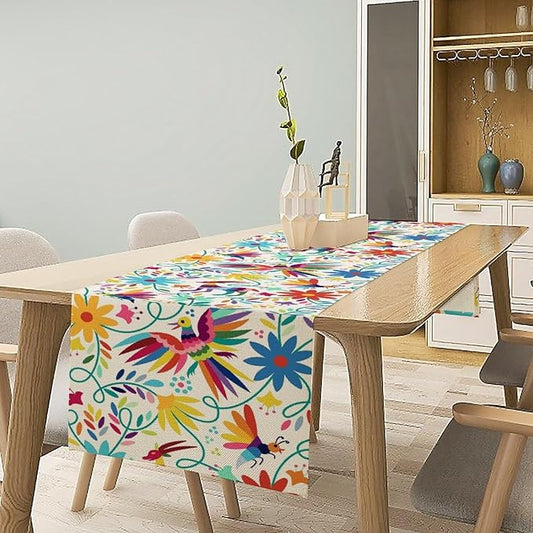 Mexican Table Runner,Boho Colorful Nature Inspired Flowers and Birds Table Cloth Kitchen Dining Table Home Party Decoration 13x90 Inch
