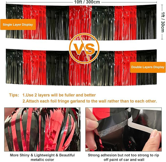 4 Pack 10 Feet Black Red Parade Floats Foil Fringe Garland Metallic Tinsel Streamers Banner Fringe Curtain Banner for Halloween Graduation Homecoming Birthday Party Decorations (Black, Red)
