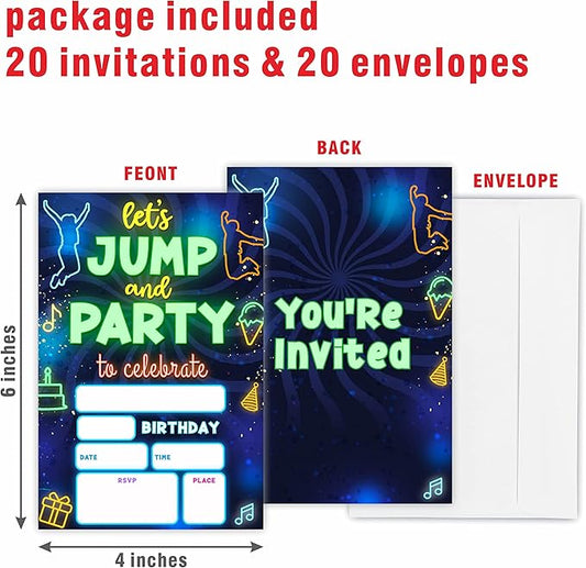 Glow Trampoline Birthday Invitations, Let's Jump & Party Birthday Invite Cards(20 Count) With Envelopes, Neon Double-Sided Fill In Style Invite Cards For Boys & Girls, Birthday Party Supplies-B07
