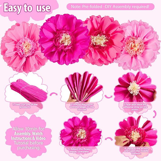 SUNBEAUTY 20" Giant Hot Pink Tissue Paper Flowers - 4 PCS Large Crepe Tissue Fiesta Flowers Party Birthday Decorations Sunset Autumn Thanksgiving Wedding Backdrop Bridal Baby Shower Nursery Wall Decor