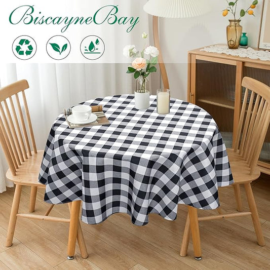 Biscaynebay Fabric Round Tablecloths 60", Black/Grey Scottish Plaid Table Cloth Small Circle Folding Table Covers Water Resistant for Dining, Kitchen, Wedding & Parties, etc