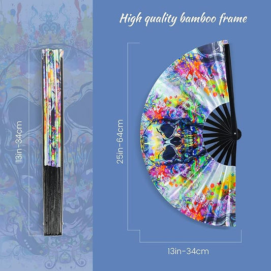 SYNTECSO Folding Hand Fan for Rave, UV Glow Fan, Large Bamboo Fan for Drag Queen, Women and Men Gift,Chinese Japanese Clack Fan for Parties, Music Festivals, EDM and Decoration
