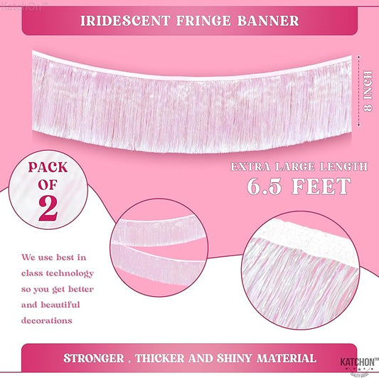 KatchOn, White Iridescent Fringe Banner - 6.5 Feet, Pack of 2 | Iridescent Fringe Garland for Bachelorette Party Decorations | Iridescent Tinsel Garland for Halloween Decor, Christmas Decorations