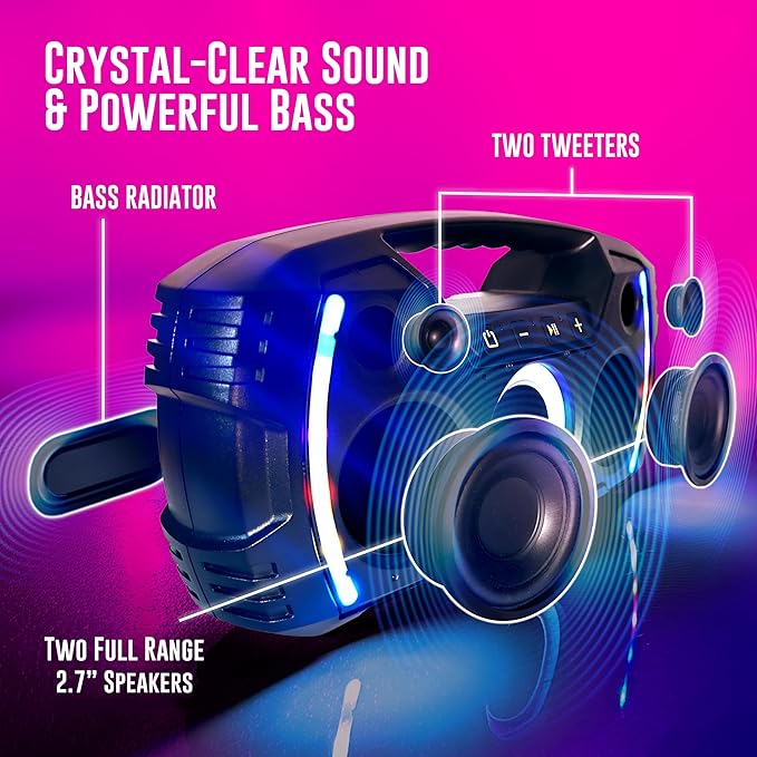 Powerful & Portable Waterproof All Terrain Bluetooth Speaker with Deep Bass, LED Party Lights, Fast USB-C Charging, FM Radio, AUX – QFX BT-ZX35