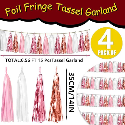 4P Rose-Gold Pink White Foil Fringe Tassel Banner Garland Metallic Tinsel Streamers Wall Hanging Curtain Backdrop for Parade Floats, Graduation 2024, Wedding, Birthday, Retirement Party Decorations