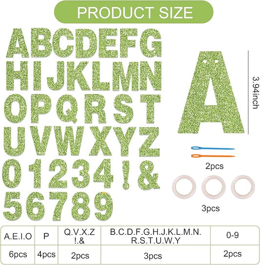 BEISHIDA 116 PCS Glitter Grass green DIY Letter Banner Kit Make Your Own Banner,Including 111 Letters and Numbers 3 Rope and 9 Threading Device,Customized for Birthday Graduation Wedding Party Decor