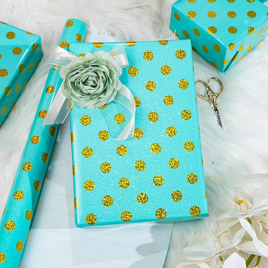 Burymento Blue Holographic Dots Wrapping Paper, Reversible Gold Gift Wrap for Birthday, Valentines, Mothers day, Graduation, Wedding, Fathers day, Baby Shower, Christmas (17in x 16.4ft)