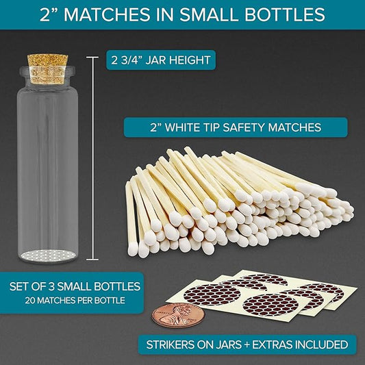 2" Classic White Tip Safety Matches | 3 Glass Bottles Each with Cork Top, Striker & 20 Matchsticks by Thankful Greetings (60+ Total) | Decorative & Unique for Home Decor, Event Giveaways