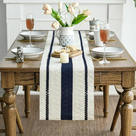 Artoid Mode Dark Blue Farmhouse Woven Rustic Table Runner, Seasonal Holiday Hollow Kitchen Dining Table Decoration for Home Party Decor 12x48 Inch
