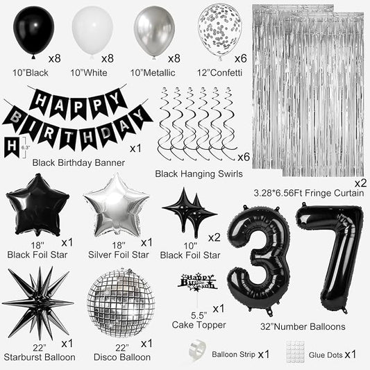 37th Birthday Decorations for Men Women, Black Silver Happy Birthday Party Decorations, 37 Year Old Party Supplies with Number 37 Balloons, Banner, Fringe Curtains Kit