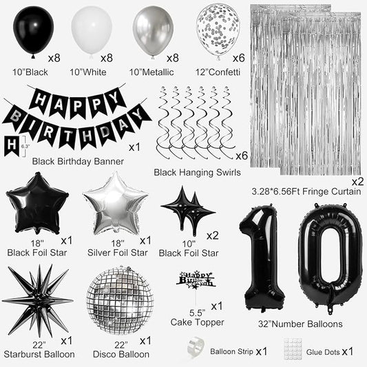 10th Birthday Decorations for Boys Girls, Black Silver Happy Birthday Party Decorations, 10 Year Old Party Supplies with Number 10 Balloons, Banner, Fringe Curtains Kit