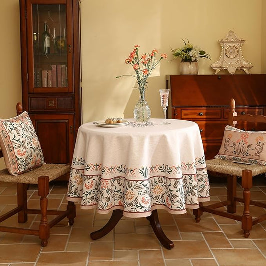 ISAENNE Floral Tablecloth for Round Tables,Linen Table Cloth with Double-Edged Lily Pattern,Heavy Durable Table Cover for Dining Thanksgiving Kitchen Decor Party Christmas,Diameter 55"