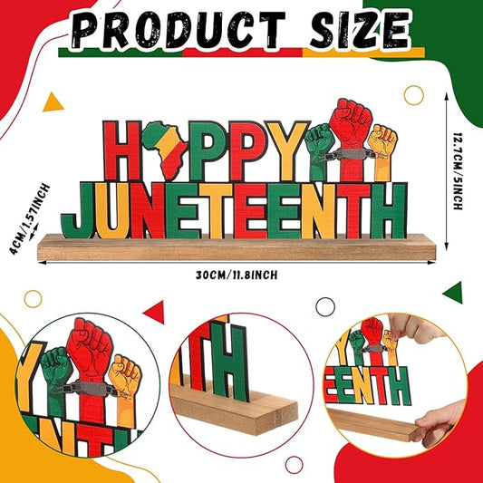 Happy Juneteenth Metal Sign Rustic Table Decor Holiday Tiered Tray Decor with Wooden Base Freestanding Metal Word Sign for Home Tabletop Centerpiece Mantel Shelf Fireplace