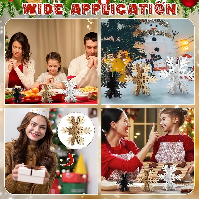 Bucherry 12 Pcs Wooden Snowflake Table Decor 3D Snowflake Tabletop Signs and Centerpiece for Christmas Xmas Winter Wonderland Decorations Home Party(White, Gold, Black)